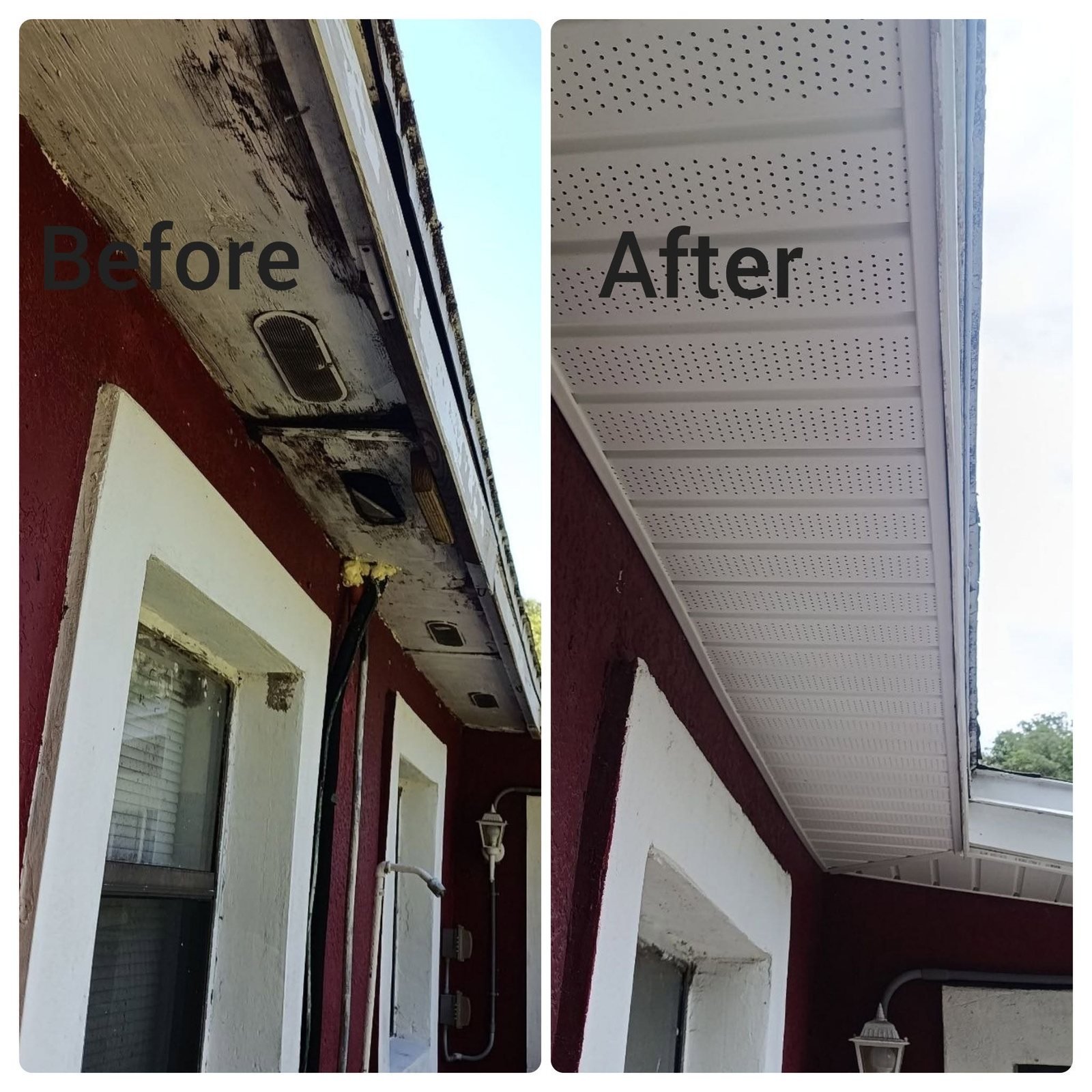 Before and after soffit spot repair and exterior finish work